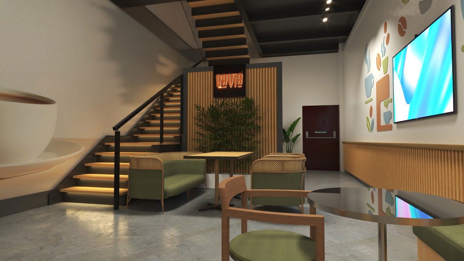 The QAVIA café interior, with warm wood, olive seating and an illustrated coffee wall