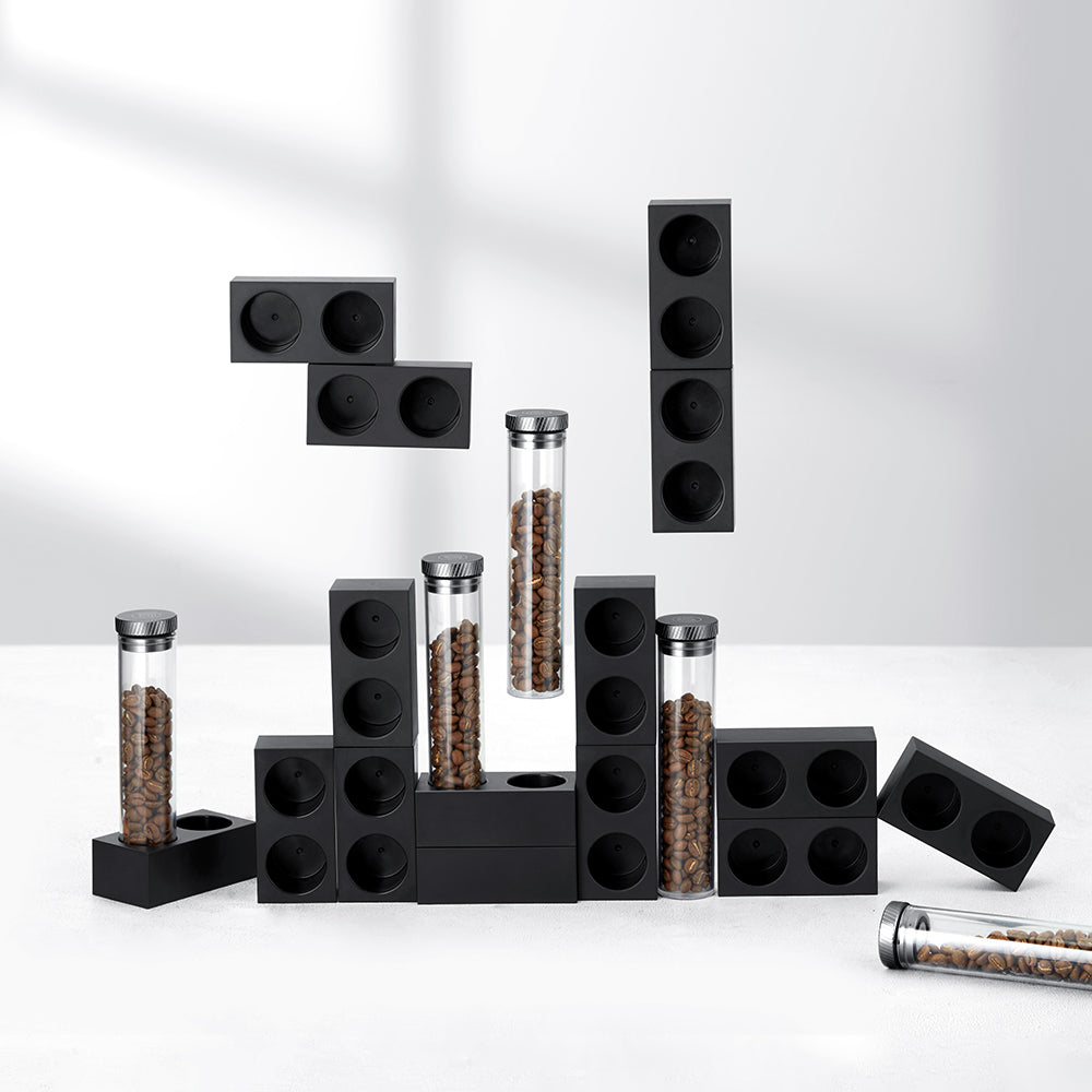 zeroHero Magnetic Bean Cellar Tubes, two tubes of coffee beans on the base