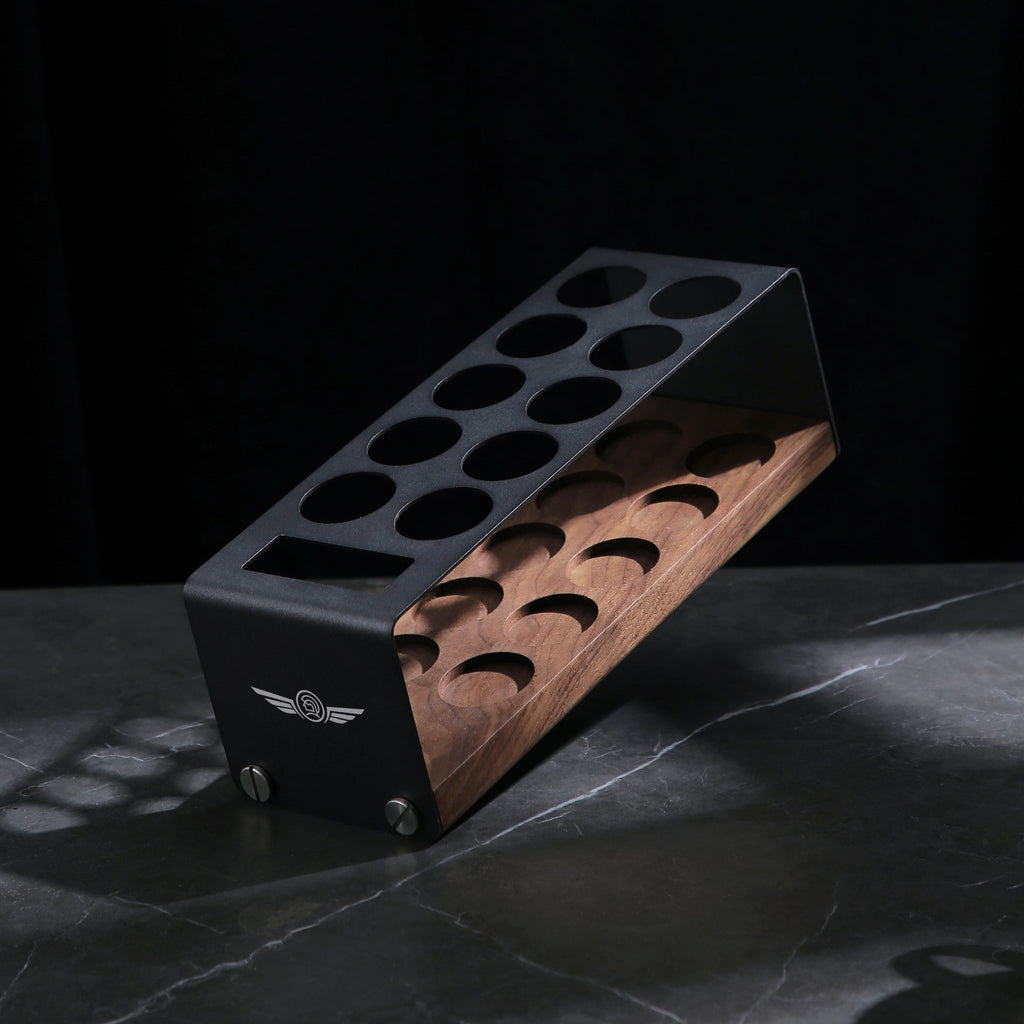 zeroHero Single Dose Bean Cellar, ten tubes of coffee beans on the wooden stand