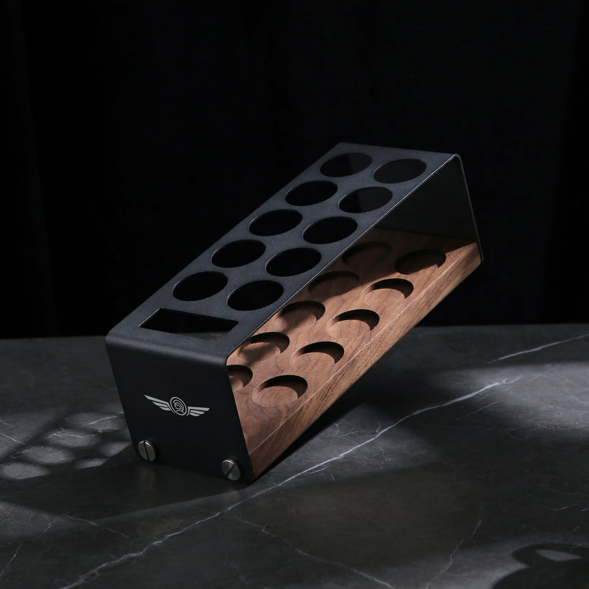 zeroHero Single Dose Bean Cellar, ten tubes of coffee beans on the wooden stand