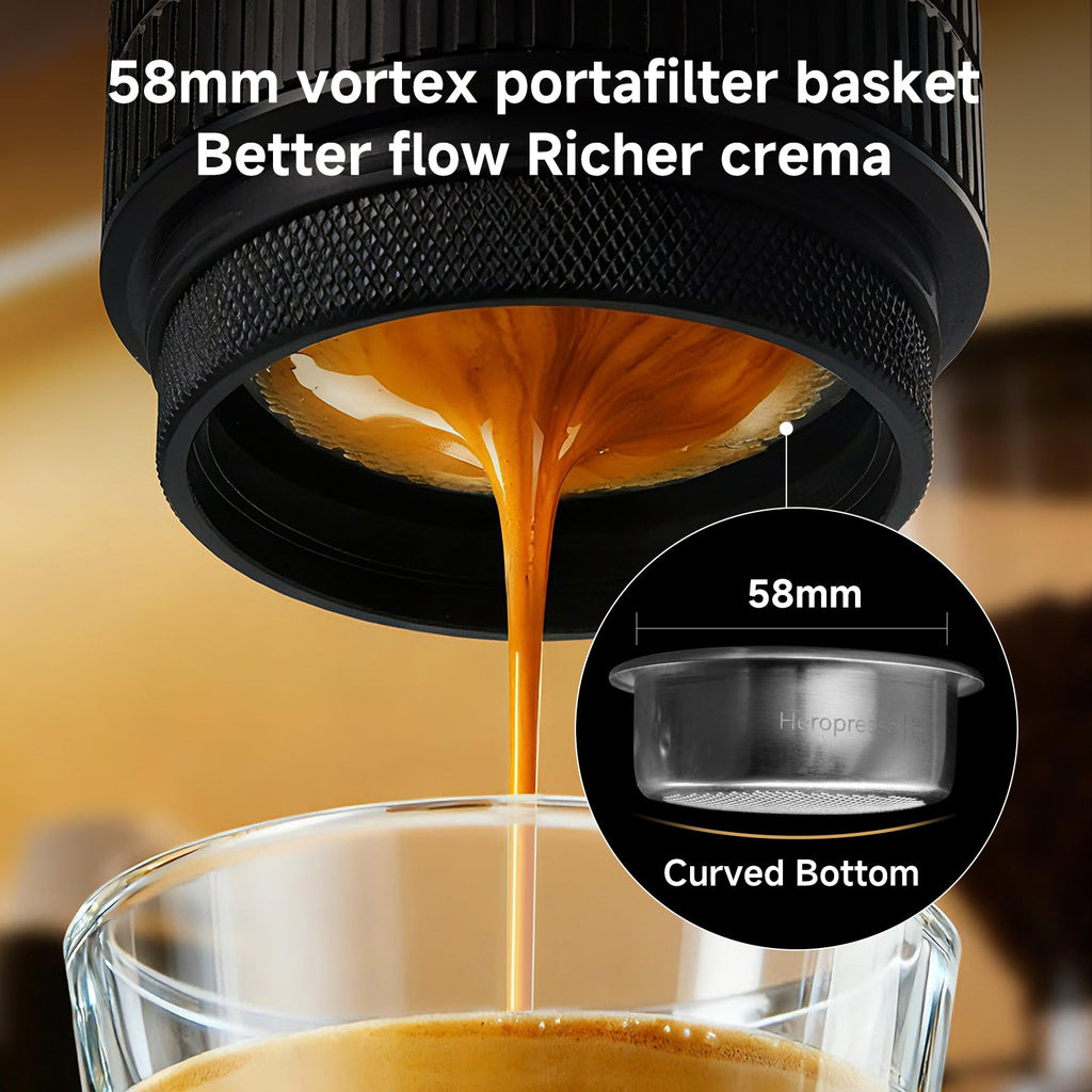 zeroHero Heropresso Pro 58 mm portable espresso maker, front view