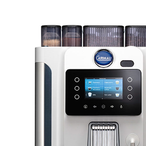 Carimali BlueDot compact coffee machine in white with six selection buttons, front view