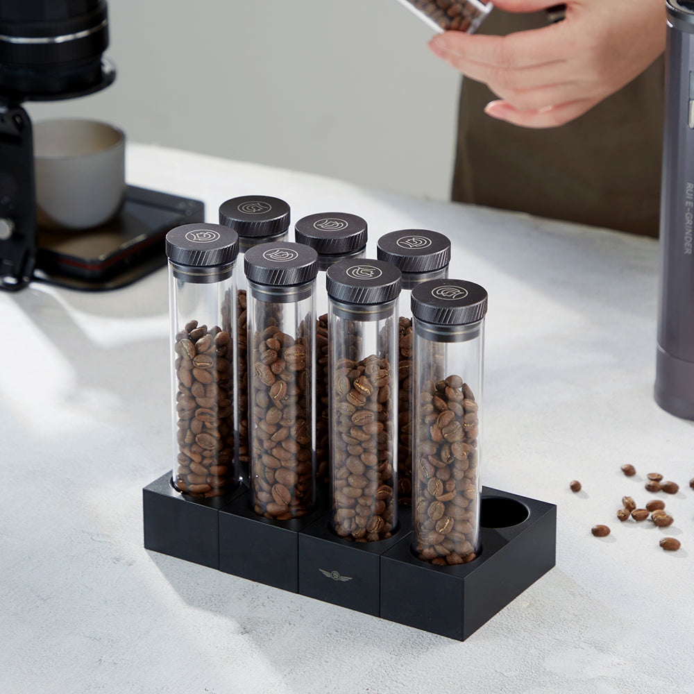 zeroHero Magnetic Bean Cellar Tubes, two tubes of coffee beans on the base