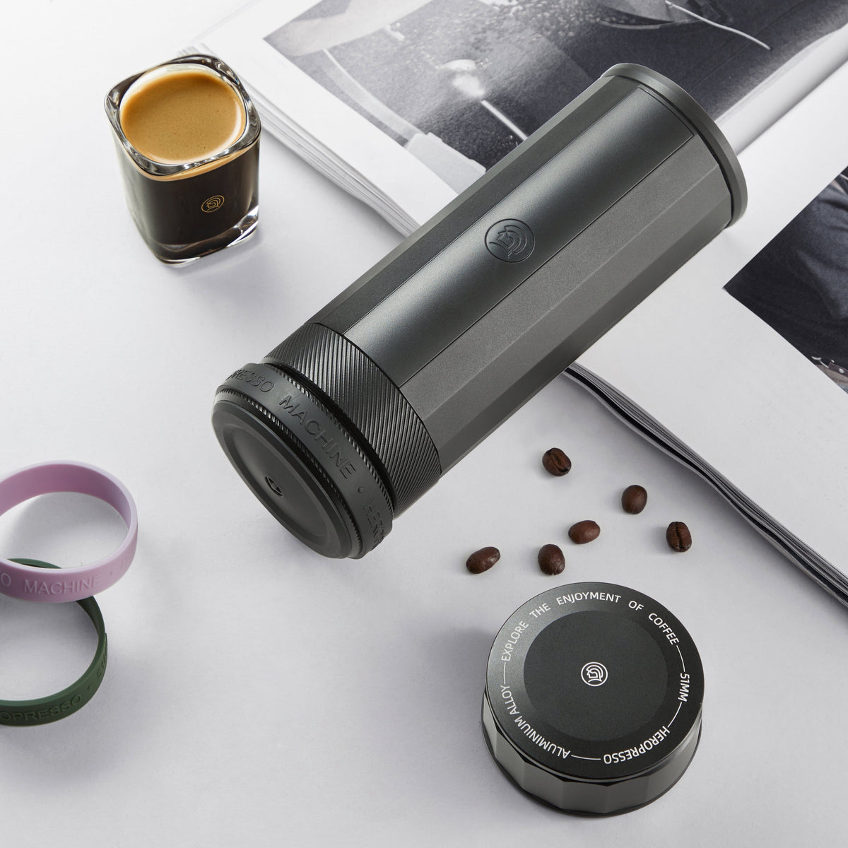 zeroHero Heropresso Pro 51 mm portable espresso maker in black, front view