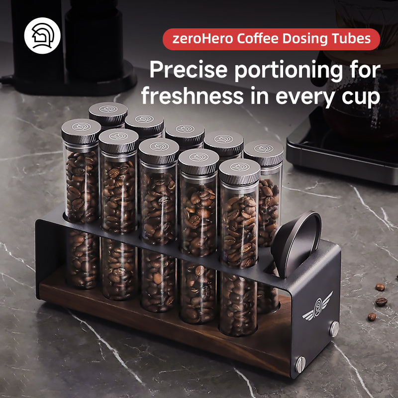 zeroHero Single Dose Bean Cellar, ten tubes of coffee beans on the wooden stand
