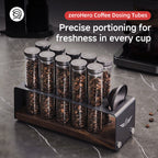 zeroHero Single Dose Bean Cellar, ten tubes of coffee beans on the wooden stand