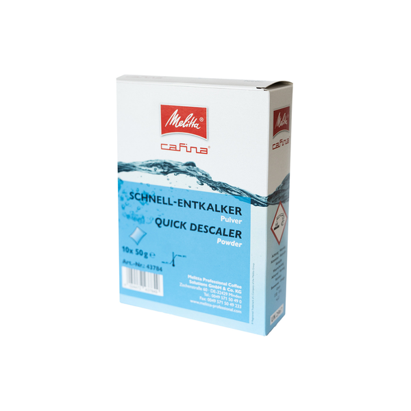 Melitta Cafina Quick Descaler powder, pack shot