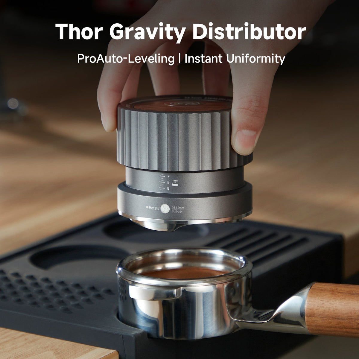 zeroHero Thor Gravity Distributor Pro espresso distributor, angled view
