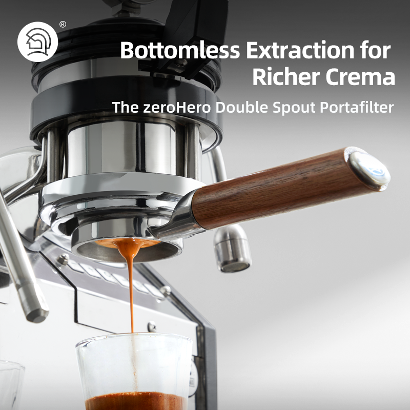 zeroHero 58 mm Double Spout Portafilter in stainless steel with walnut handle
