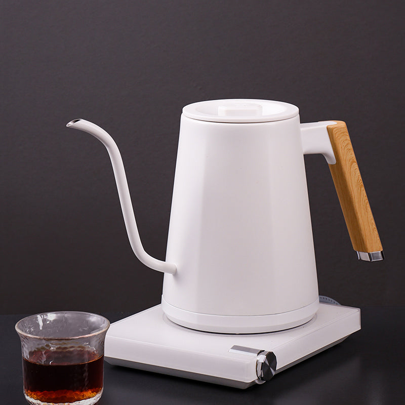 zeroHero Entry-lux electric gooseneck kettle in black on its base, side view