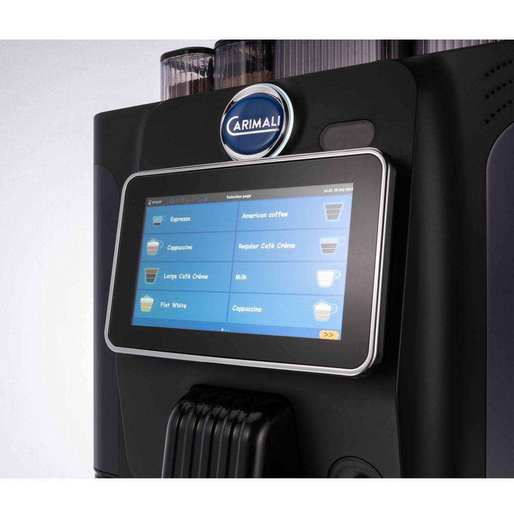 Carimali BlueDot Plus compact coffee machine in black with touch screen, angled view