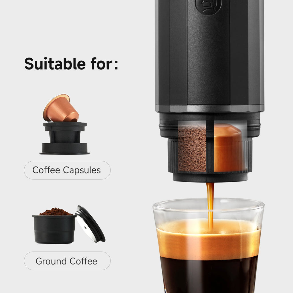 zeroHero Heropresso Heated Edition portable espresso maker in black, front view