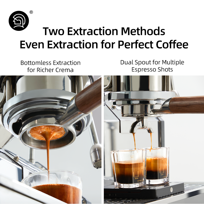 zeroHero 58 mm Double Spout Portafilter in stainless steel with walnut handle