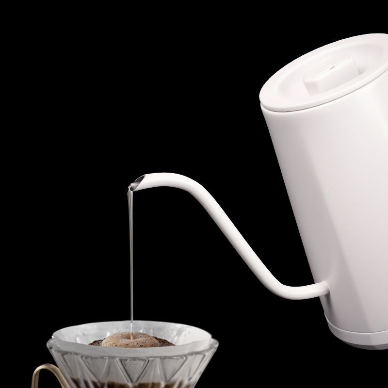 zeroHero Entry-lux electric gooseneck kettle in black on its base, side view