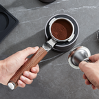 zeroHero 58 mm Double Spout Portafilter in stainless steel with walnut handle