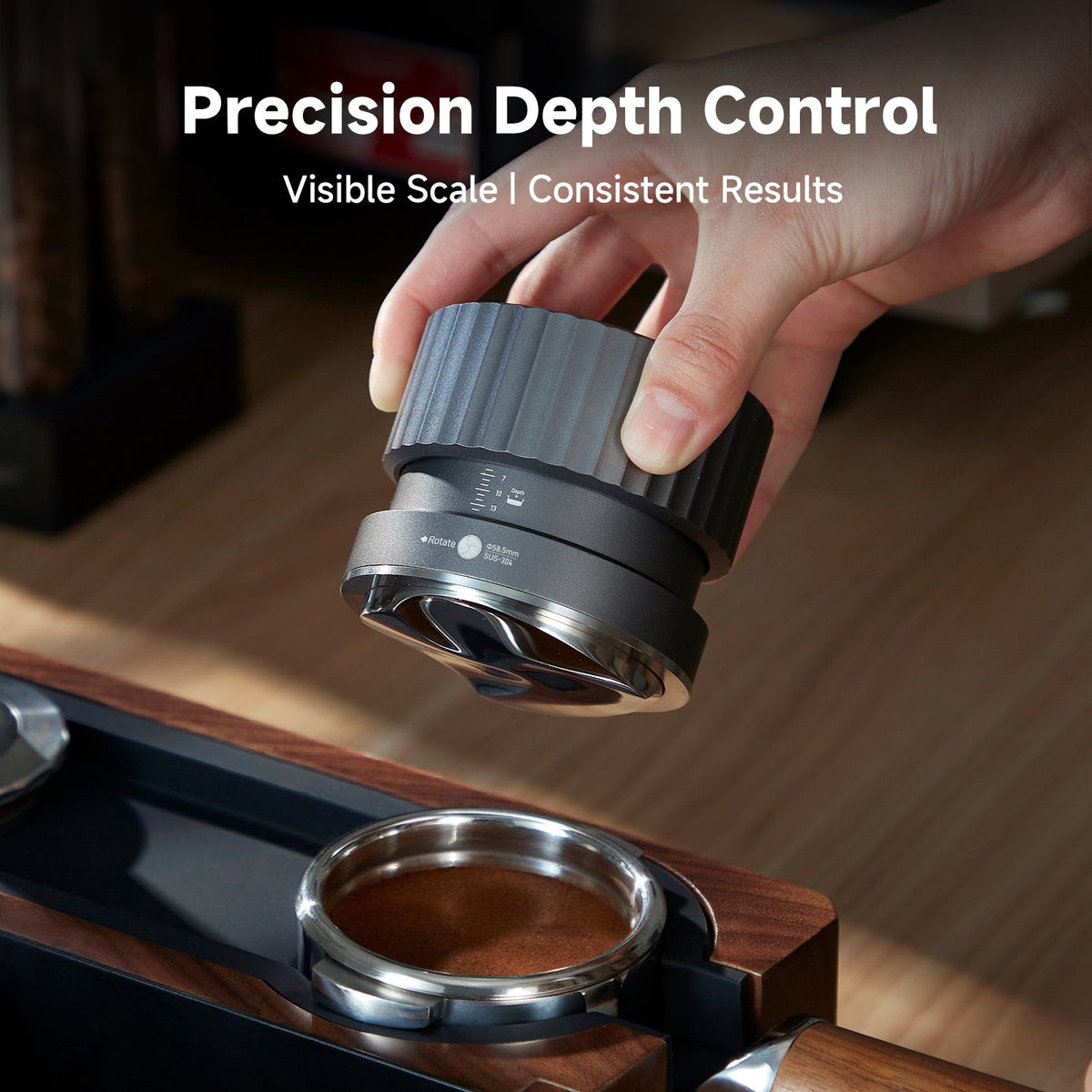 zeroHero Thor Gravity Distributor Pro espresso distributor, angled view
