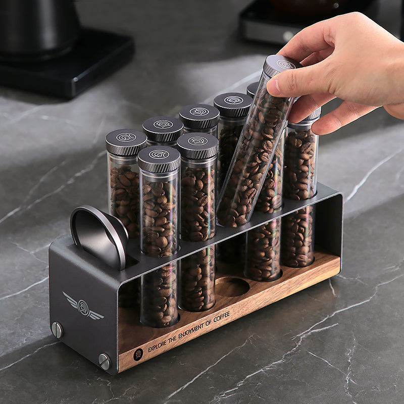 zeroHero Single Dose Bean Cellar, ten tubes of coffee beans on the wooden stand