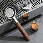 zeroHero 58 mm Double Spout Portafilter in stainless steel with walnut handle