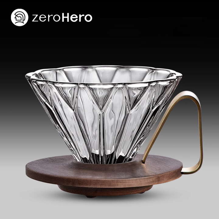 zeroHero Prisma Walnut Glass Dripper with walnut base and brass handle