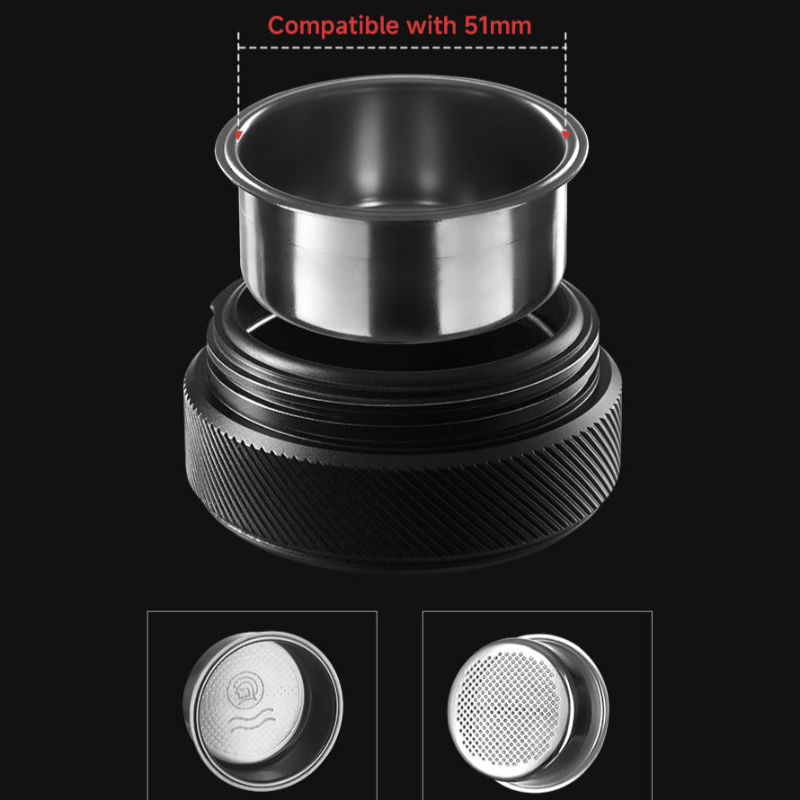 zeroHero Heropresso Pro 51 mm portable espresso maker in black, front view