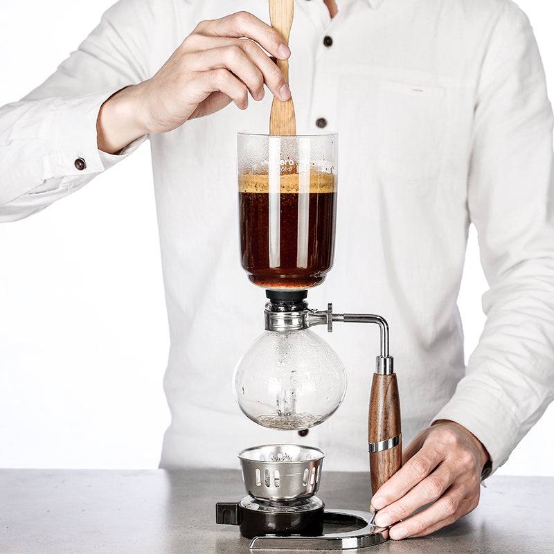 zeroHero Syphon Coffee Pot in glass with walnut handle