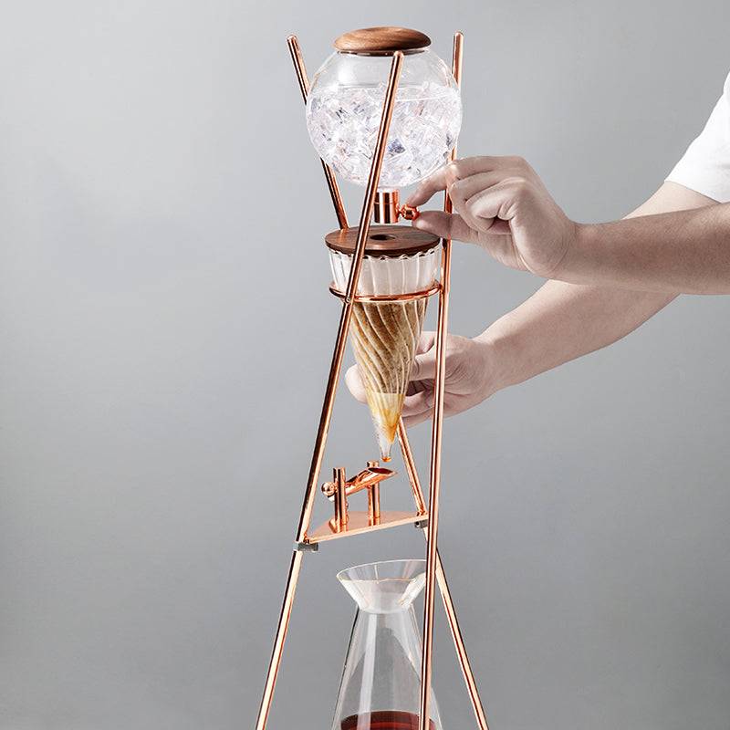 zeroHero Dingyuan Deluxe ice drip cold brew tower in frosted glass and brass