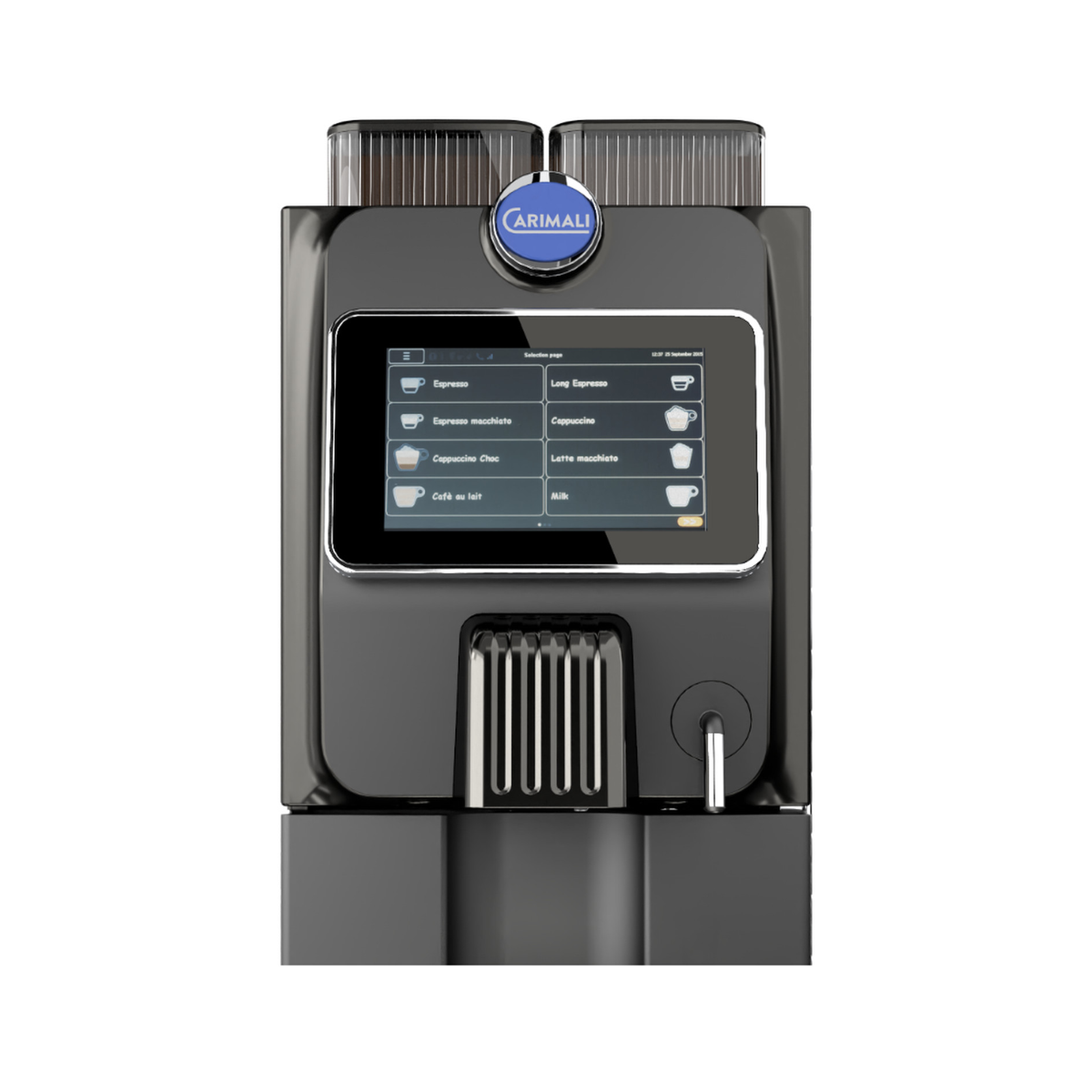 Carimali Blue26 Power compact coffee machine in black with 7-inch touch screen, front view