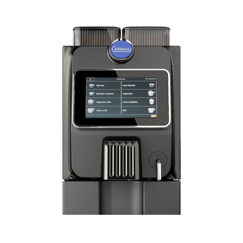 Carimali Blue26 Power compact coffee machine in black with 7-inch touch screen, front view