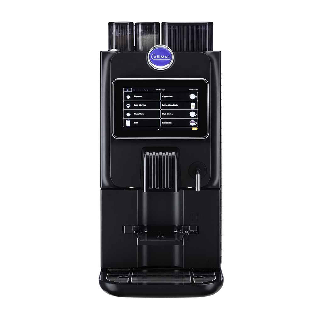 Carimali Blue26 Power compact coffee machine in black with 7-inch touch screen, front view