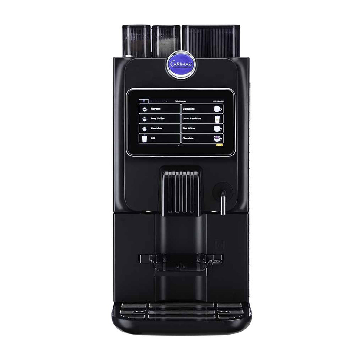 Carimali Blue26 Power compact coffee machine in black with 7-inch touch screen, front view