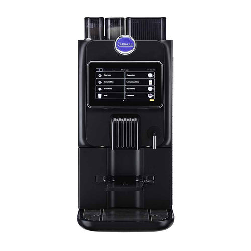 Carimali Blue26 Power compact coffee machine in black with 7-inch touch screen, front view