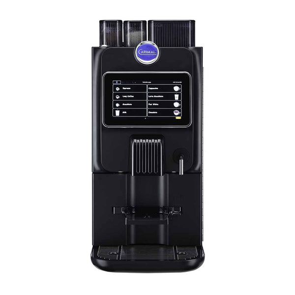 Carimali Blue26 Power compact coffee machine in black with 7-inch touch screen, front view