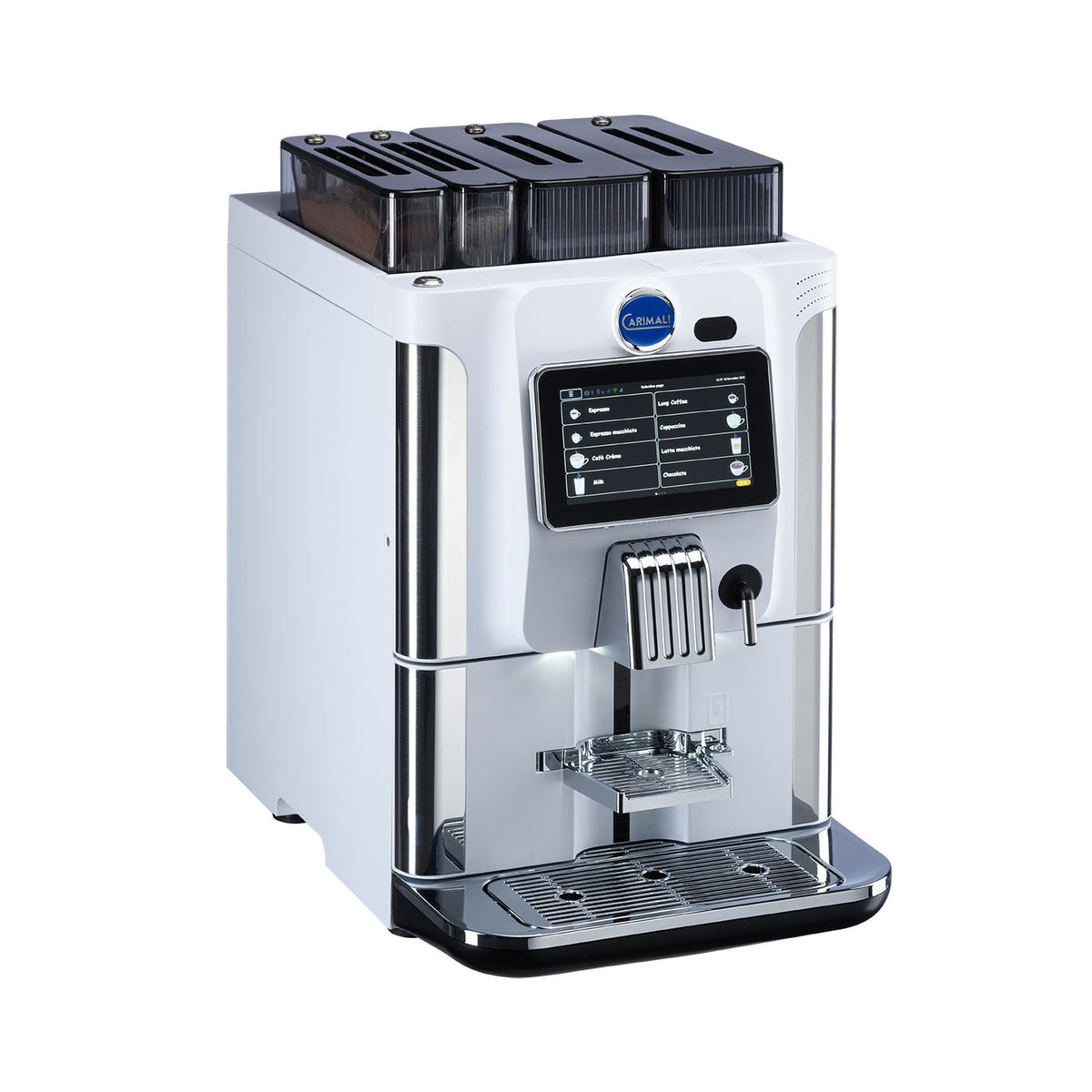 Carimali BlueDot Power compact coffee machine in white with touch screen, front view