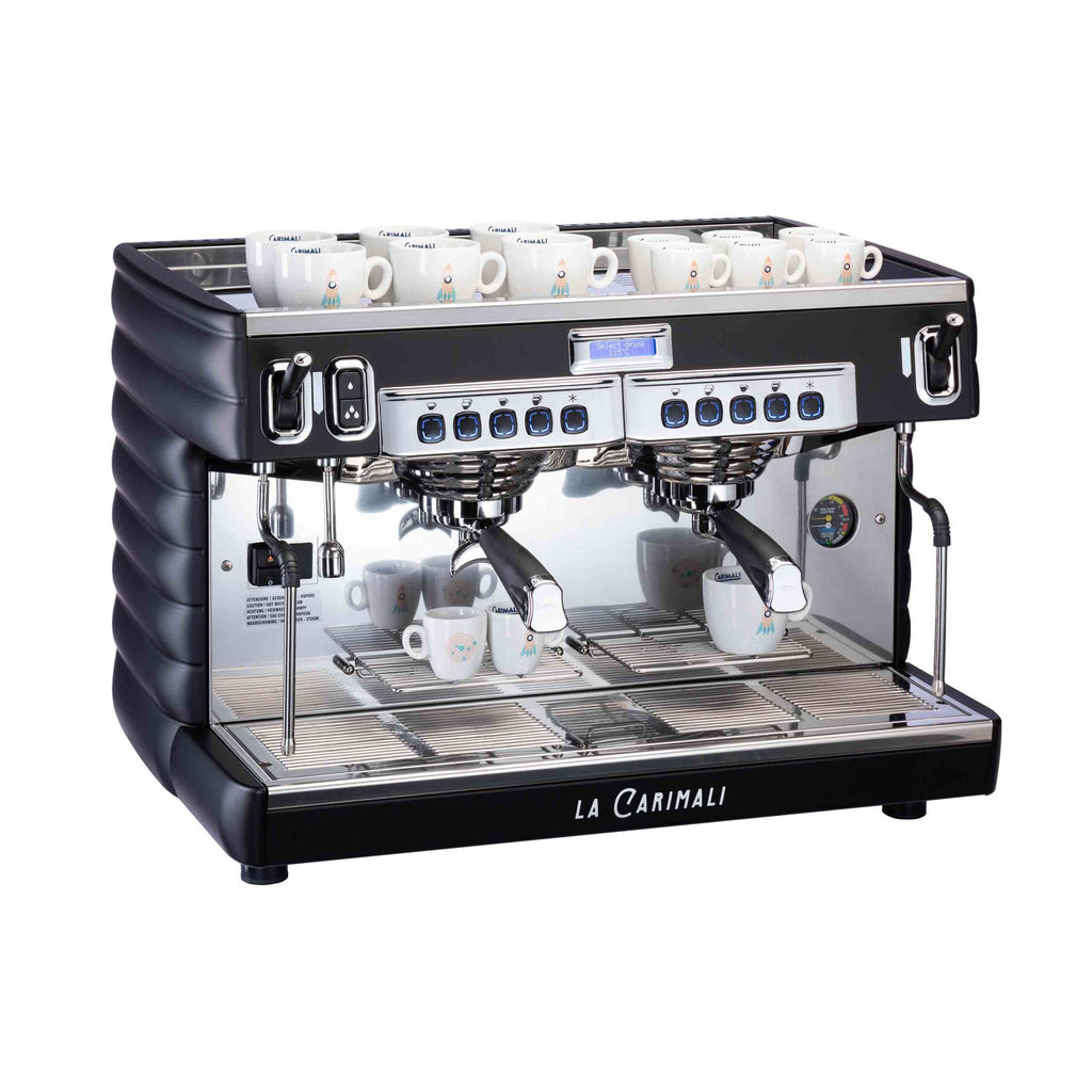 Carimali Bubble traditional espresso machine, two-group version in black, front view