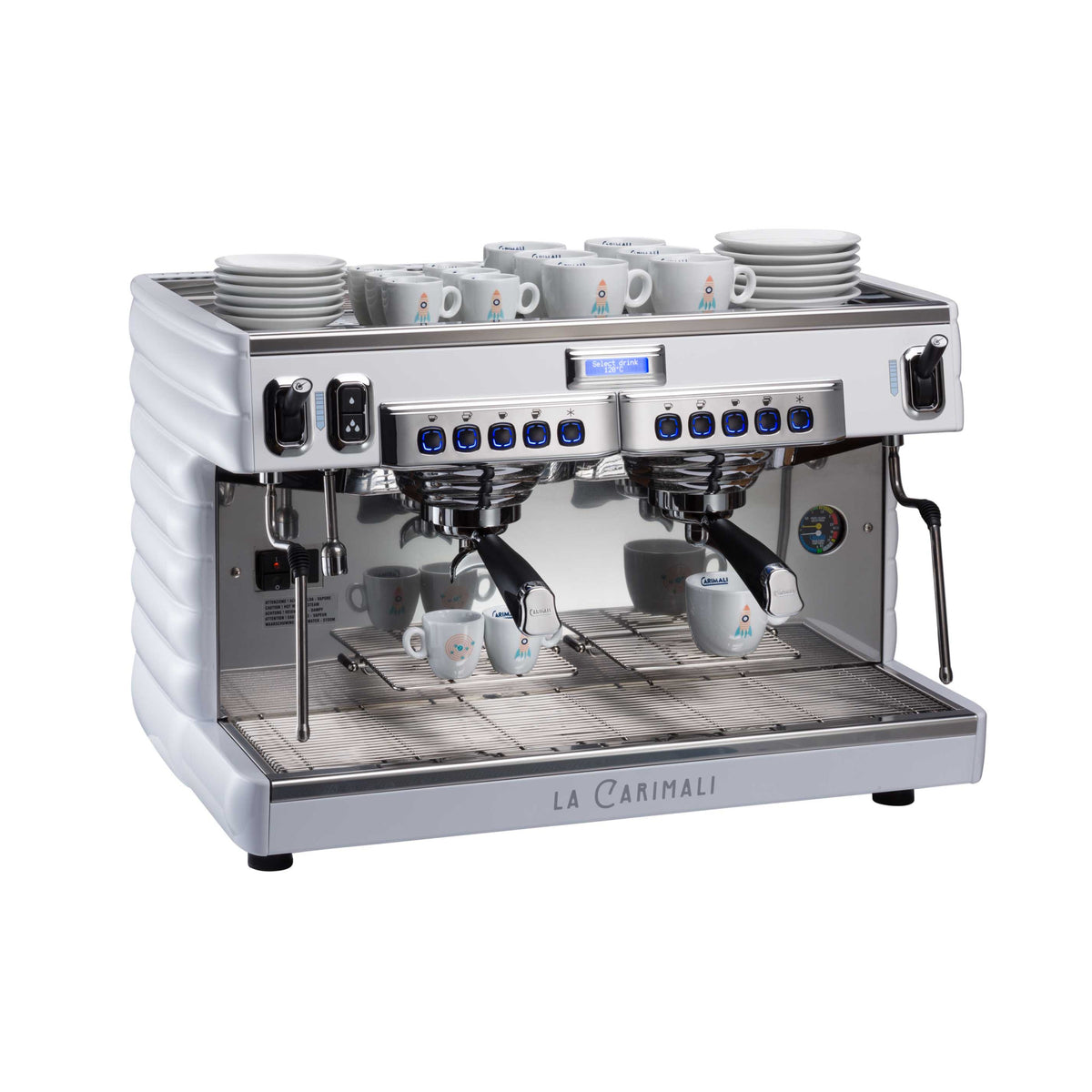 Carimali Bubble traditional espresso machine, two-group version in black, front view