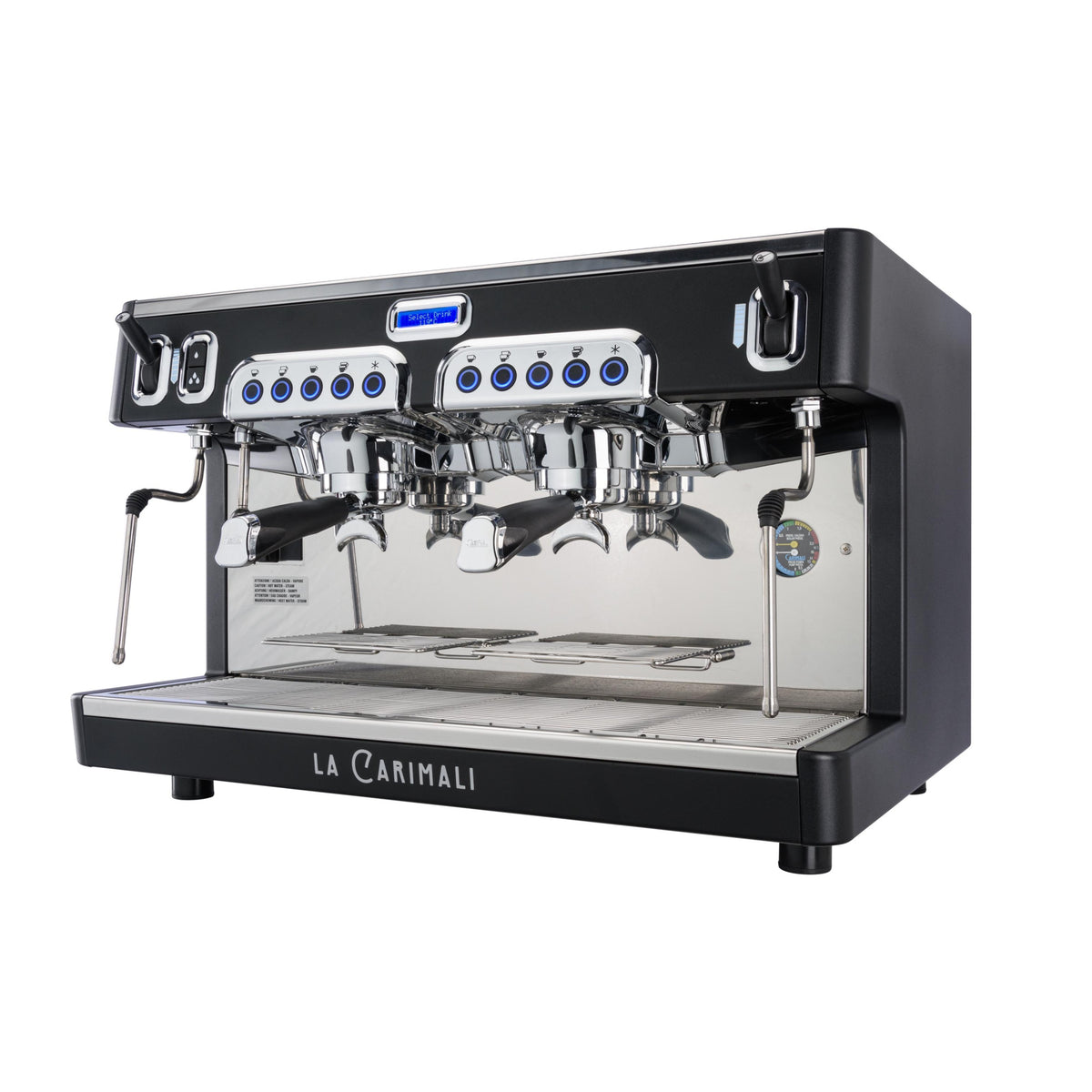 Carimali Cento traditional espresso machine, two-group version in black, front view