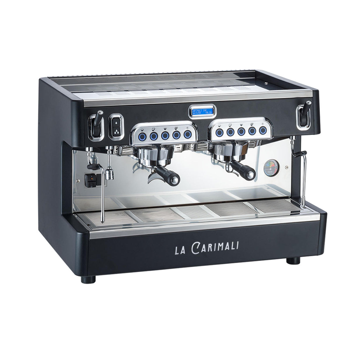 Carimali Cento traditional espresso machine, two-group version in black, front view