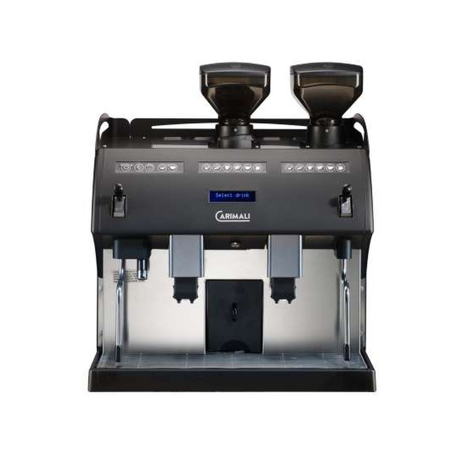 Carimali F-22 fully automatic coffee machine in black with two bean hoppers, front view