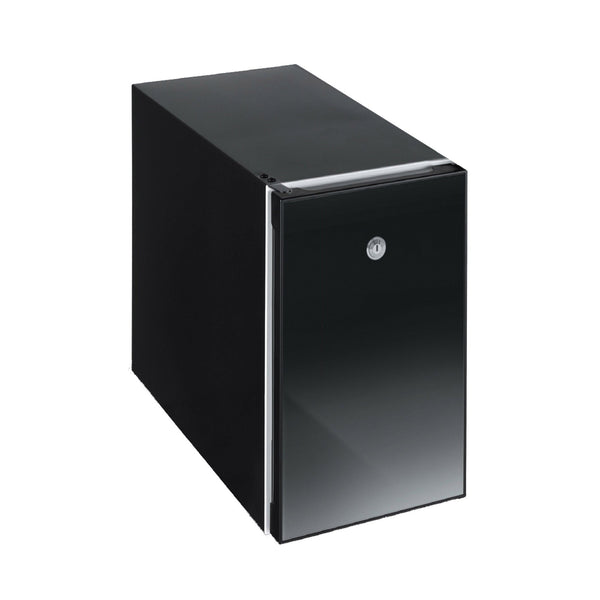 Carimali Fridge-S compact milk fridge in black with door lock, angled view