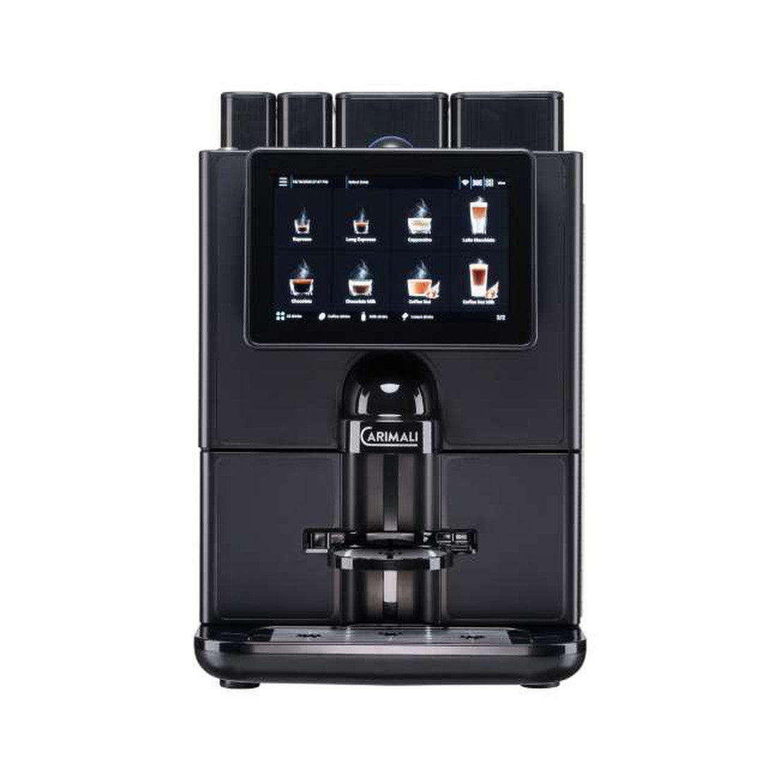 Carimali Lumina fully automatic coffee machine in black with 10-inch touch screen, front view