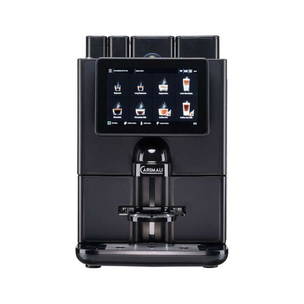 Carimali Lumina fully automatic coffee machine in black with 10-inch touch screen, front view