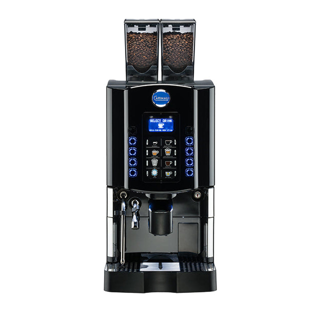 Carimali Optima Soft fully automatic coffee machine with two bean hoppers, angled view
