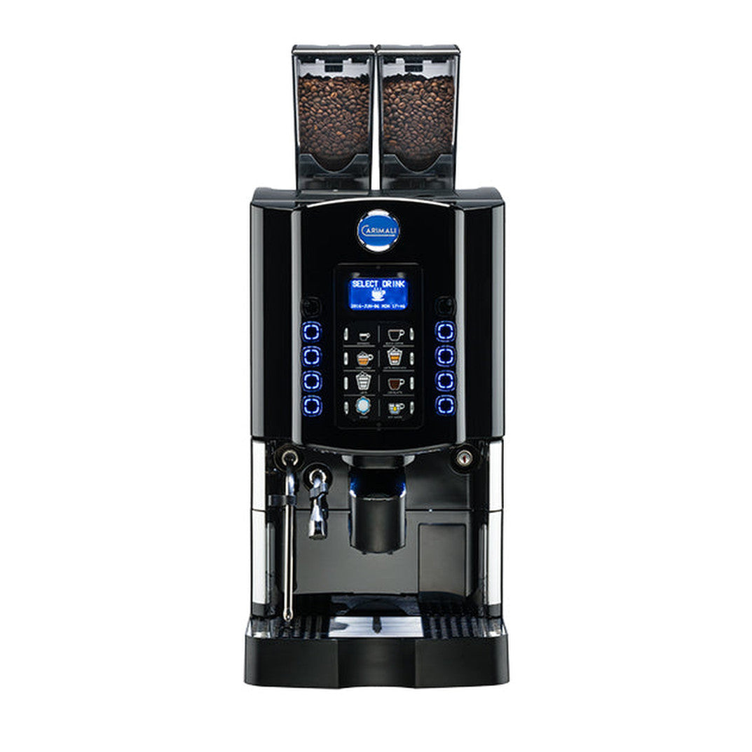 Carimali Optima Soft fully automatic coffee machine with two bean hoppers, angled view