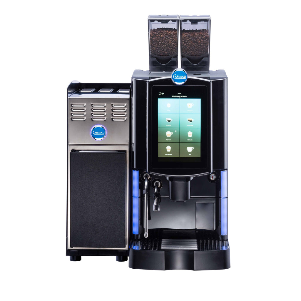 Carimali Optima Ultra fully automatic coffee machine with side milk fridge, front view