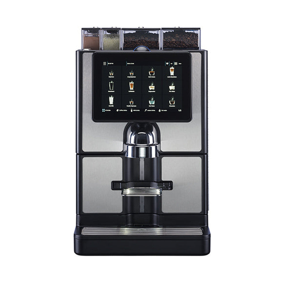 Carimali SilverTwin fully automatic coffee machine in silver and black, front view