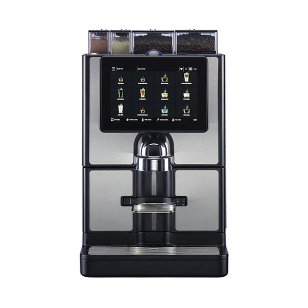 Carimali SilverTwin fully automatic coffee machine in silver and black, front view