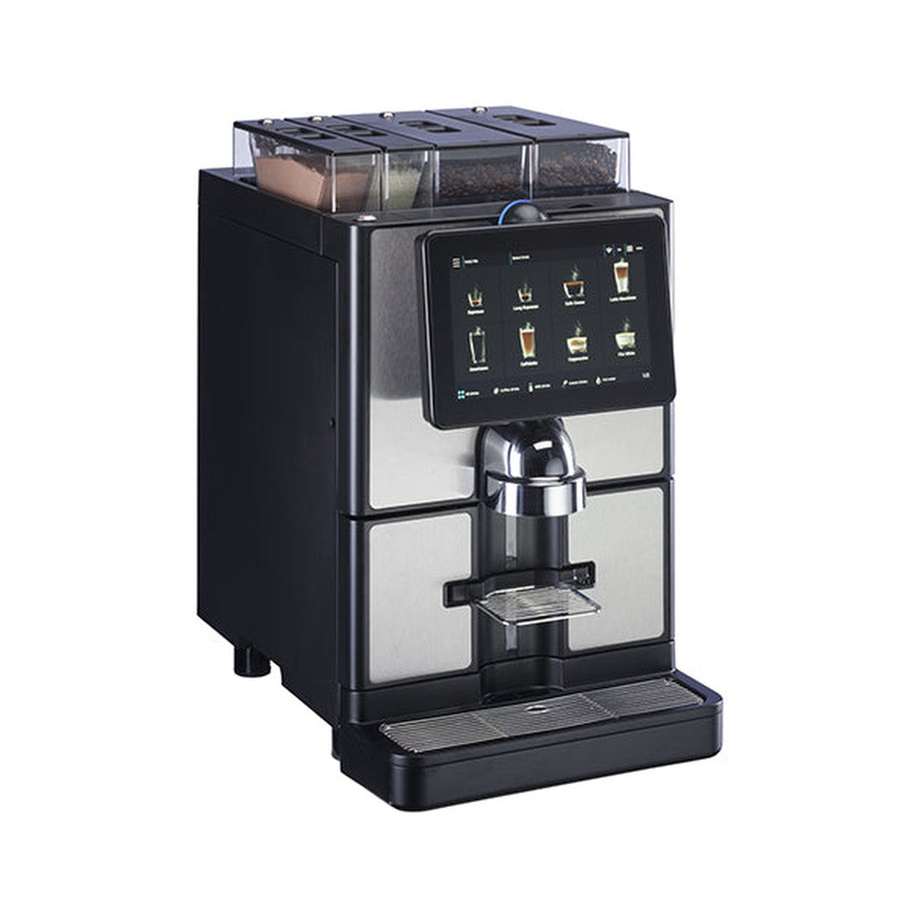 Carimali SilverTwin fully automatic coffee machine in silver and black, front view