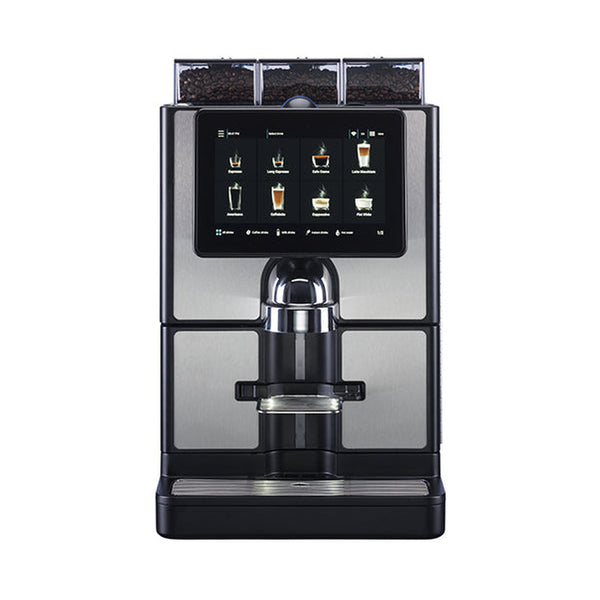 Carimali SilverTwin Plus fully automatic coffee machine in silver and black, front view
