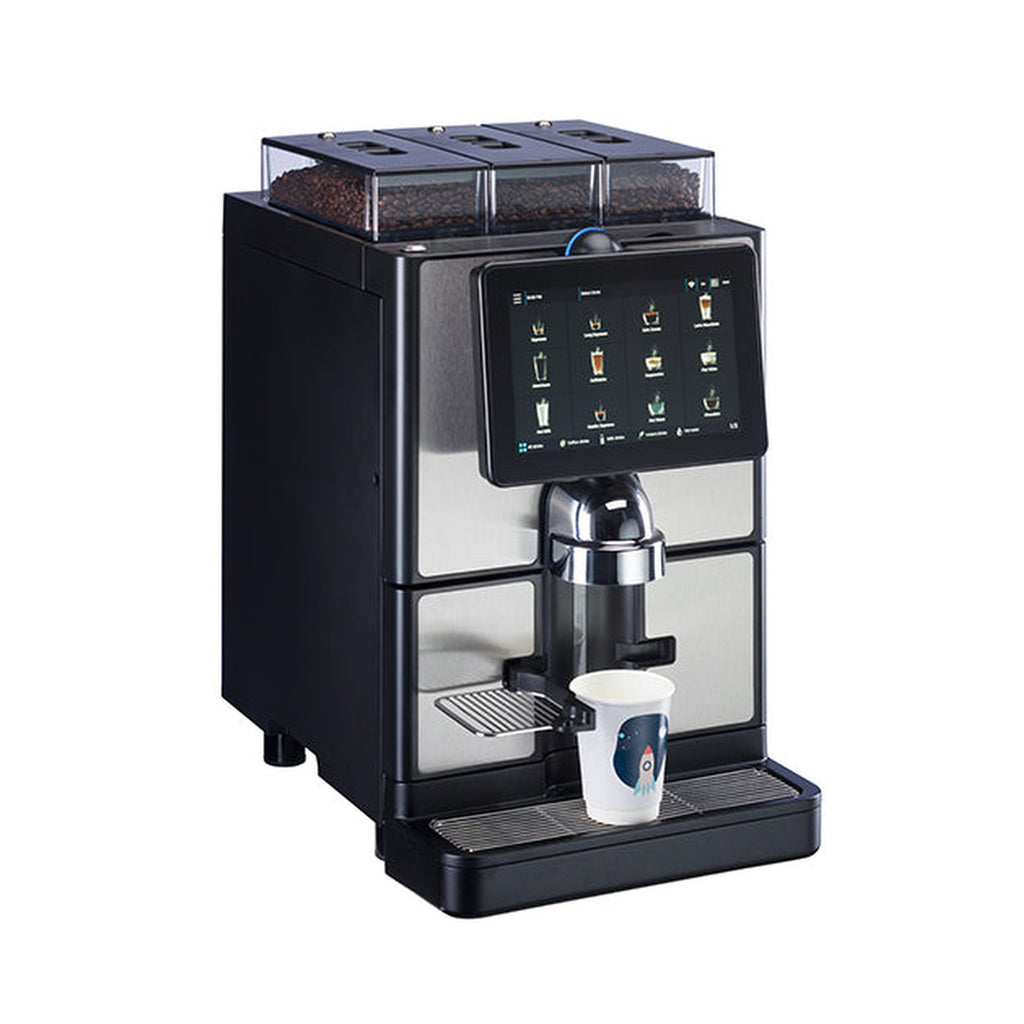 Carimali SilverTwin Plus fully automatic coffee machine in silver and black, front view