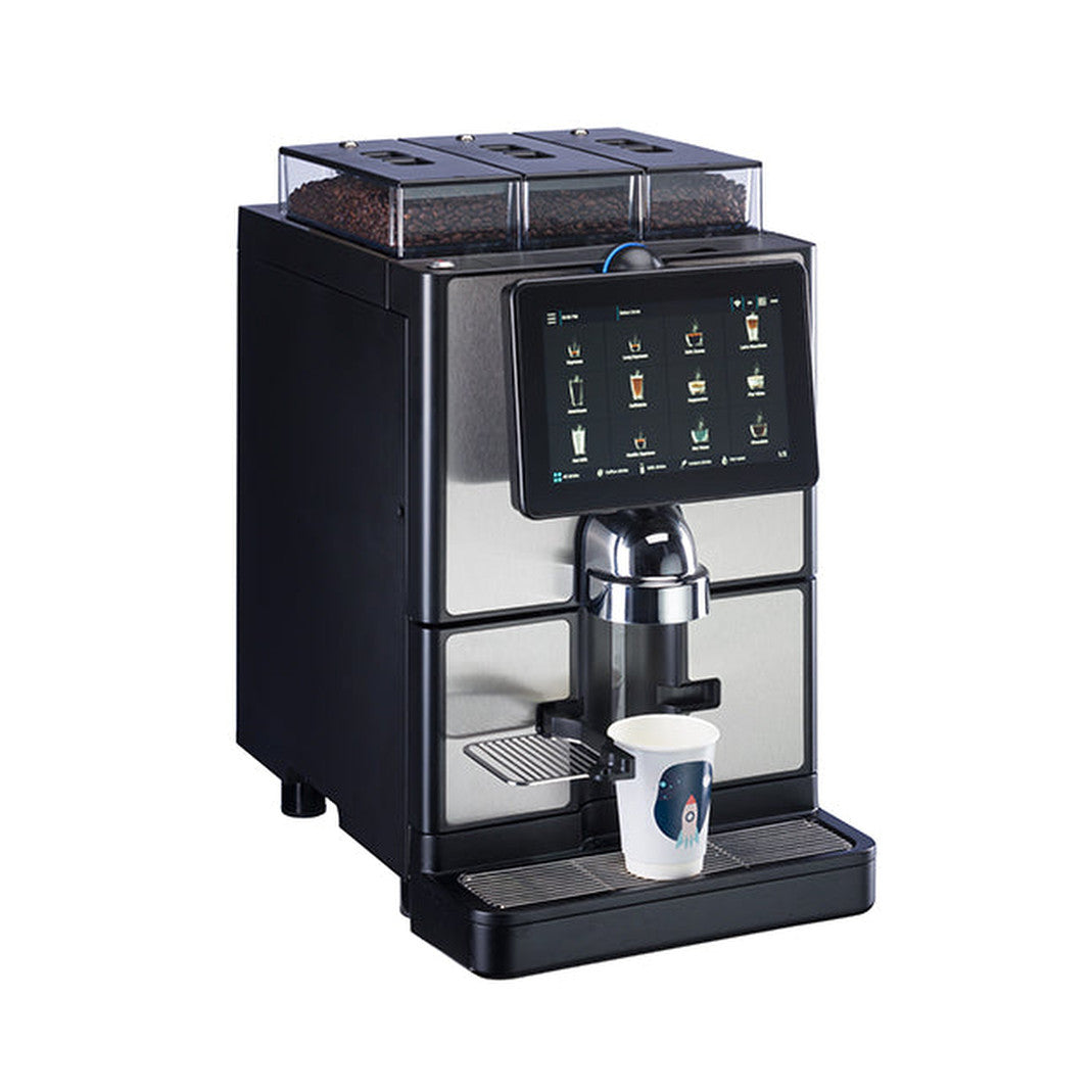 Carimali SilverTwin Plus fully automatic coffee machine in silver and black, front view